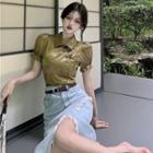 Collared Frog-button Puff Sleeve Satin Split Top