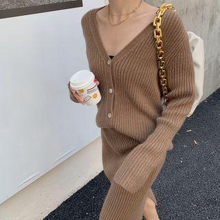 Set: V-neck Cardigan + Knit Midi Pencil Skirt