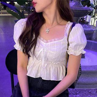 Puff-sleeve Lace Trim Ruffle Hem Cropped Blouse