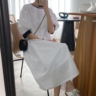 Puff Sleeve Round Neck Contrast Trim Midi A-line Dress