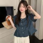 Short-sleeve Denim Peplum Blouse Blue - One Size