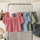 Short-sleeve Gingham Check Frill Trim Blouse