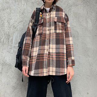 Front Pocket Plaid Button Jacket
