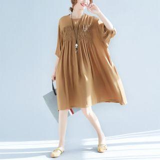Short-sleeve Plain A-line Dress Yellow - One Size