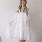Set: 3/4-sleeve Floral Trim Mesh Dress + Slipdress White - One Size
