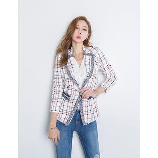 Hook-and-eye Fringed Plaid Blazer