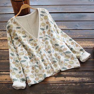 Floral V-neck Knit Cardigan As Shown In Figure - One Size