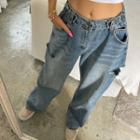 Adjustable-waist Slit Wide-leg Jeans Blue - One Size