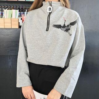 Crane Embroidered Half Zip Mock Neck Long-sleeve T-shirt