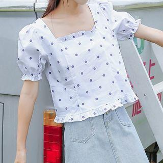 Puff-sleeve Square-neck Ruffle Trim Dotted Crop Top