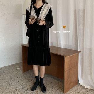 Long-sleeve Pleated Velet Dress Black - One Size