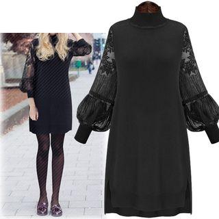 Lace Balloon Sleeve Stand Collar Dress