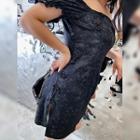 Short-sleeve Off-shoulder Embroidered Mini Sheath Dress
