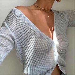 Ribbed Knit Cardigan Light Blue - One Size