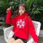 Snowflake Embroidered Hoodie Red - One Size