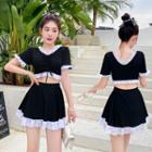 Set: Short-sleeve Contrast Trim Crop Top + Swim Skirt