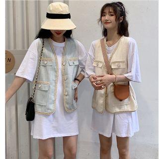 Pocket Detail Contrast Trim Vest / Plain Elbow-sleeve T-shirt
