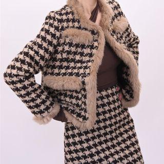 Set Of 2 : Houndstooth Woolen Blazer + Houndstooth Mini Skirt