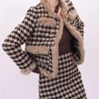 Set Of 2 : Houndstooth Woolen Blazer + Houndstooth Mini Skirt