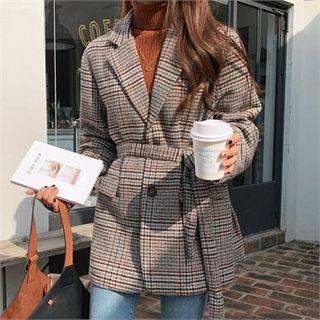 Single-breasted Checked Jacket With Sash Brown - One Size