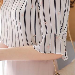 Elbow-sleeve Floral Print Chiffon Top