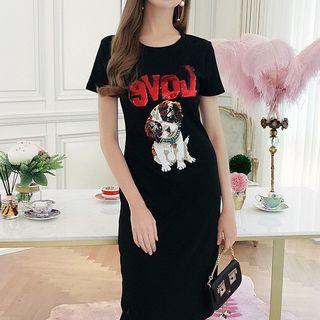 Dog Sequined Short Sleeve T-shirt Dress