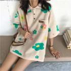 Elbow-sleeve Floral Pattern Knit Polo Shirt Almond - One Size