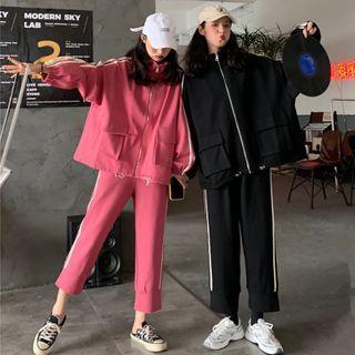 Set: Striped Zip-up Jacket + Straight-cut Pants