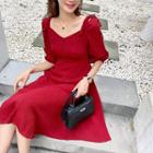 Sweetheart-neckline Buttoned Elbow Sleeve A-line Dress