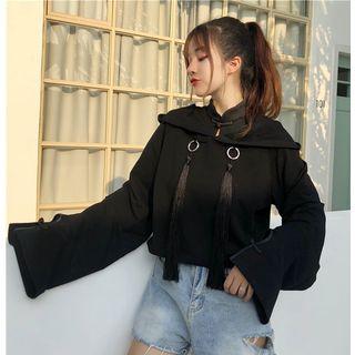 Embroidered Tasseled Frog-button Hoodie Black - One Size