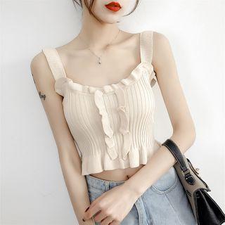 Plain Wide Strap Ruffle Trim Knit Top