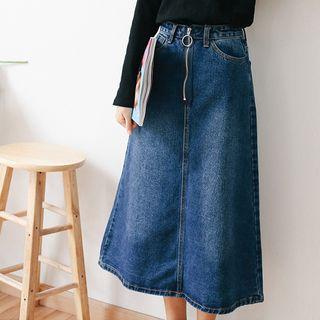 Tie-waist A-line Denim Midi Skirt