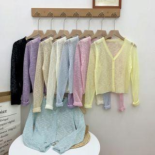 V-neck Plain Striped Button-up Knit Top