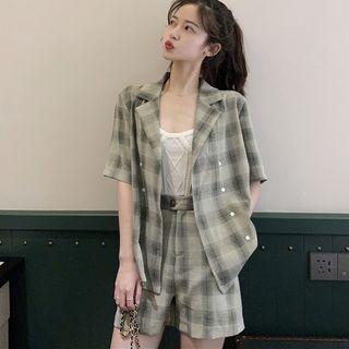 Set: Plaid Short-sleeve Shirt + Shorts Set - Plaid - Ash Green - One Size
