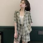 Set: Plaid Short-sleeve Shirt + Shorts Set - Plaid - Ash Green - One Size