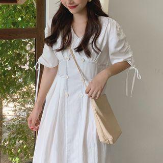 Drawstring Frilled V-neck Dress