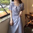 Flower Print Short-sleeve Midi A-line Dress Purplish Blue - One Size