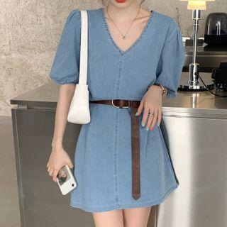 Short-sleeve Belted Mini A-line Denim Dress Denim Dress & Belt - One Size