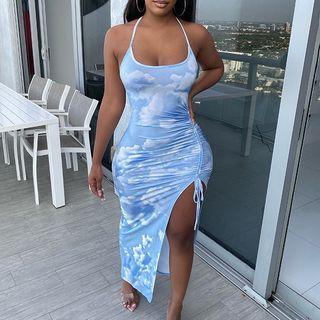 Cloud Print Halter Slit Midi Dress
