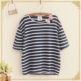 Bow Accent Striped Short Sleeve T-shirt