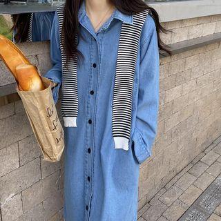 Denim Midi Shirtdress / Striped Shawl