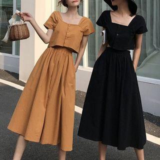 Square Neck Plain Top / High-waist Midi Skirt
