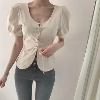 U-neck Lace Up Ruffle-trim Lantern-sleeve Top