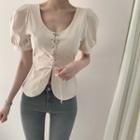 U-neck Lace Up Ruffle-trim Lantern-sleeve Top
