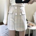 Check Woolen Double-breasted A-line Skirt