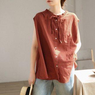 Sleeveless Tie-neck Blouse Brown Red - One Size