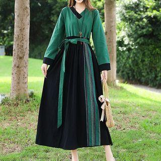 V-neck Panel Midi A-line Dress