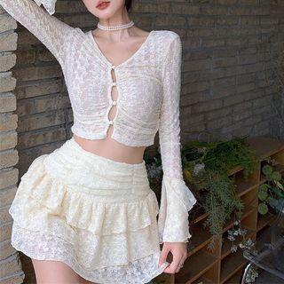 Flared-cuff Cutout Lace Blouse / A-line Layered Skirt