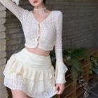 Flared-cuff Cutout Lace Blouse / A-line Layered Skirt
