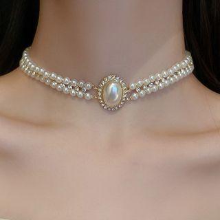 Faux Pearl Rhinestone Layered Choker White - One Size